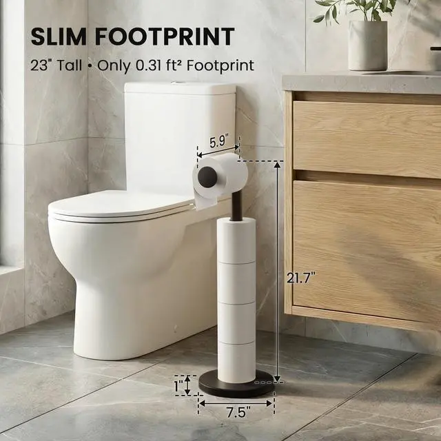 Alt view image 5 of 7 - Free Standing Toilet Paper Holder Stand with Weighted Base, Black | SUS304 Rustproof Steel | Thick Non-Slip Base | Swivel Pivot Design | Slim Footprint | Holds 5 Rolls