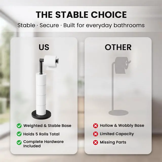 Alt view image 7 of 7 - Free Standing Toilet Paper Holder Stand with Weighted Base, Black | SUS304 Rustproof Steel | Thick Non-Slip Base | Swivel Pivot Design | Slim Footprint | Holds 5 Rolls