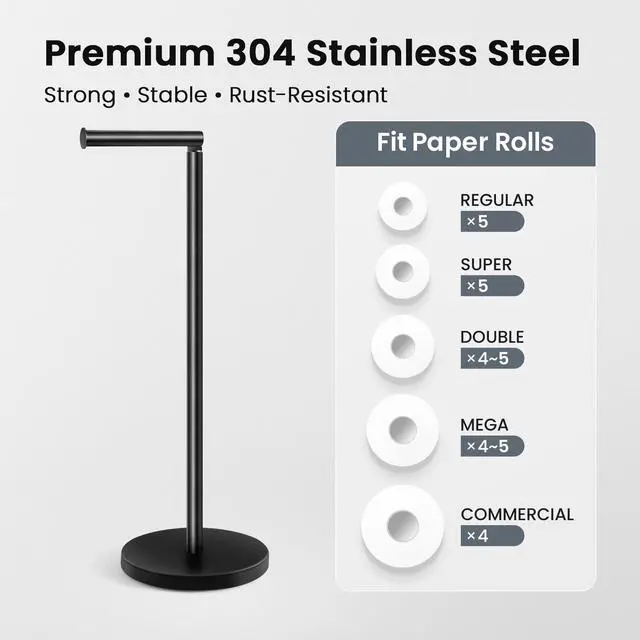 Alt view image 6 of 7 - Free Standing Toilet Paper Holder Stand with Weighted Base, Black | SUS304 Rustproof Steel | Thick Non-Slip Base | Swivel Pivot Design | Slim Footprint | Holds 5 Rolls