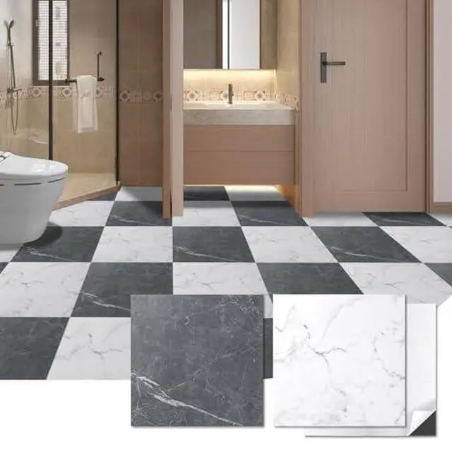 Alt view image 2 of 7 - 30-Pack Peel and Stick Vinyl Floor Tiles, Black & White Marble | 15 Tiles per Color, 12" x 12" Single Tile, Anti-Slip, Waterproof, Ideal for Kitchen, Bathroom, Living Room, Bedroom