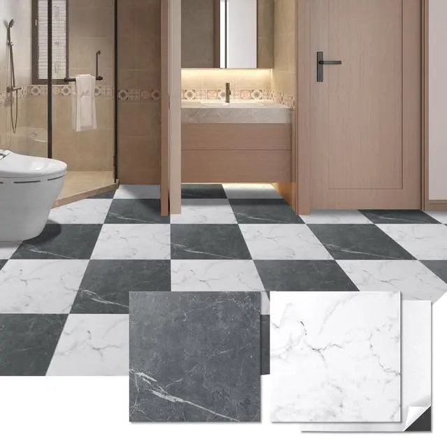Main image of 30-Pack Peel and Stick Vinyl Floor Tiles, Black & White Marble | 15 Tiles per Color, 12" x 12" Single Tile, Anti-Slip, Waterproof, Ideal for Kitchen, Bathroom, Living Room, Bedroom
