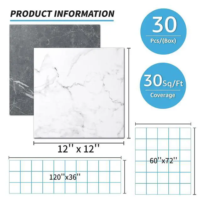 Alt view image 5 of 7 - 30-Pack Peel and Stick Vinyl Floor Tiles, Black & White Marble | 15 Tiles per Color, 12" x 12" Single Tile, Anti-Slip, Waterproof, Ideal for Kitchen, Bathroom, Living Room, Bedroom