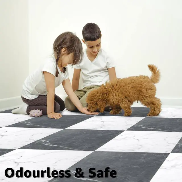 Alt view image 6 of 7 - 30-Pack Peel and Stick Vinyl Floor Tiles, Black & White Marble | 15 Tiles per Color, 12" x 12" Single Tile, Anti-Slip, Waterproof, Ideal for Kitchen, Bathroom, Living Room, Bedroom