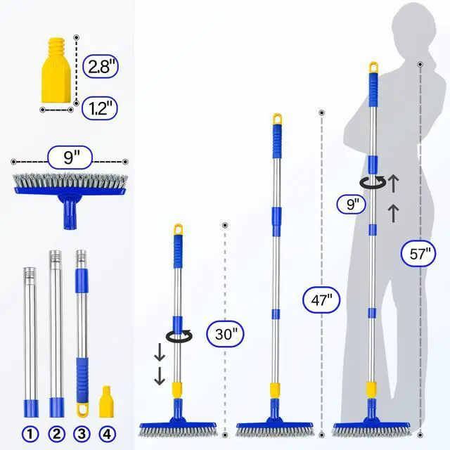 Alt view image 3 of 7 - Grout Brush with Long Adjustable Handle, Swivel Scrub Brush, V-Shape Grout Line Scrubber with Stiff Bristle for Deep Cleaning Tile Grout, Shower, Kitchen, Hard-to-Reach Corners
