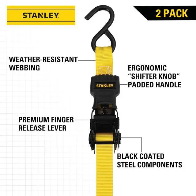Alt view image 2 of 7 - S10002 Black/Yellow 1" x 10' Ratchet Tie Down Straps - 500 lb Safe Working Load / 1,500 lbs Break Strength, 2 Pack