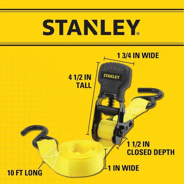 Alt view image 5 of 7 - S10002 Black/Yellow 1" x 10' Ratchet Tie Down Straps - 500 lb Safe Working Load / 1,500 lbs Break Strength, 2 Pack