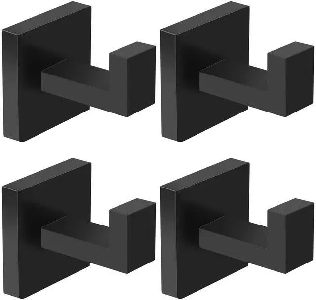 Main image of 4-Pack Towel Hooks Hand Towel Holder Bathroom Robe Hanger Coat Hook | Matte Black Square Bath Towel Hook Wall Mount Heavy Duty Stainless Steel Hat Hook for Living Room Bedroom Kitchen Closet
