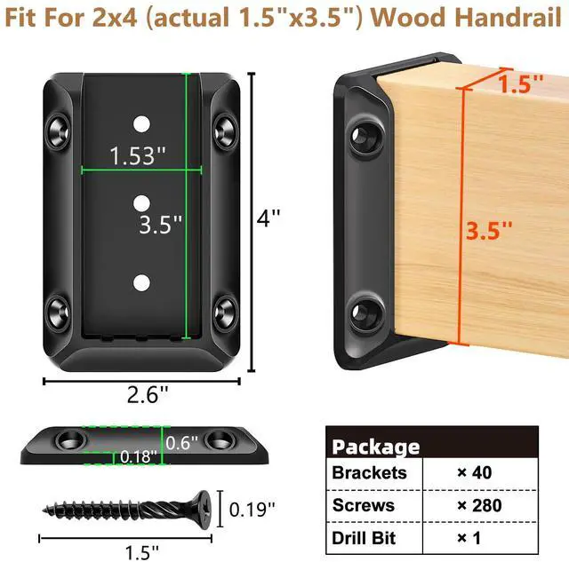 Alt view image 3 of 6 - DN Mate 40 Pack Deck Railing Brackets for 2x4 (Actual 1.5x3.5) Handrail | Quick Setup,Strong Connection 2x4 Brackets for Wooden Fence Stair Porch, Includes Coated Screws and Drill Bit BC40