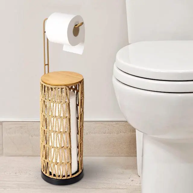 Main image of Freestanding Toilet Paper Holder with Storage,3 Rolls of Tissue Holder for Bathroom,Handmade Woven Toilet Paper Roll Holder Stand,Rattan Sturdy Boho Bathroom Decor Farmhouse Toilet Paper Storage