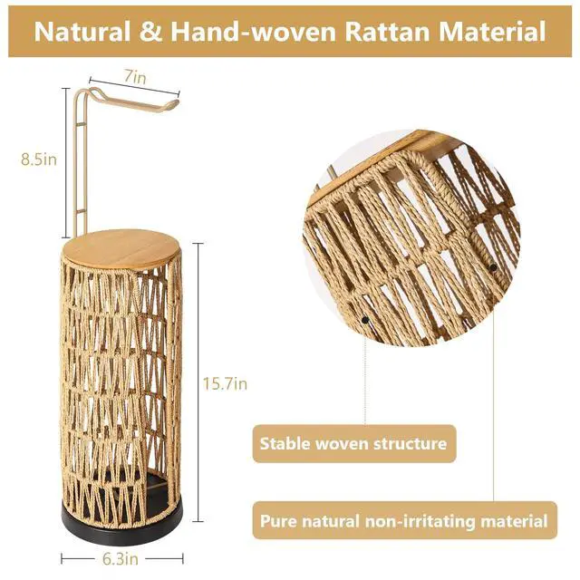 Alt view image 2 of 7 - Freestanding Toilet Paper Holder with Storage,3 Rolls of Tissue Holder for Bathroom,Handmade Woven Toilet Paper Roll Holder Stand,Rattan Sturdy Boho Bathroom Decor Farmhouse Toilet Paper Storage