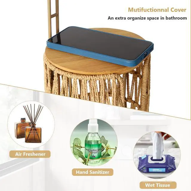 Alt view image 3 of 7 - Freestanding Toilet Paper Holder with Storage,3 Rolls of Tissue Holder for Bathroom,Handmade Woven Toilet Paper Roll Holder Stand,Rattan Sturdy Boho Bathroom Decor Farmhouse Toilet Paper Storage