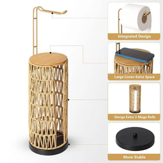 Alt view image 4 of 7 - Freestanding Toilet Paper Holder with Storage,3 Rolls of Tissue Holder for Bathroom,Handmade Woven Toilet Paper Roll Holder Stand,Rattan Sturdy Boho Bathroom Decor Farmhouse Toilet Paper Storage