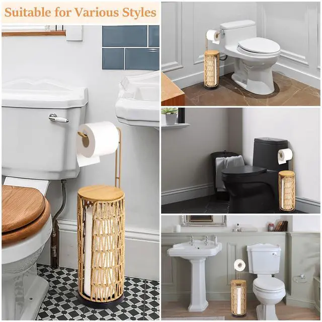 Alt view image 6 of 7 - Freestanding Toilet Paper Holder with Storage,3 Rolls of Tissue Holder for Bathroom,Handmade Woven Toilet Paper Roll Holder Stand,Rattan Sturdy Boho Bathroom Decor Farmhouse Toilet Paper Storage