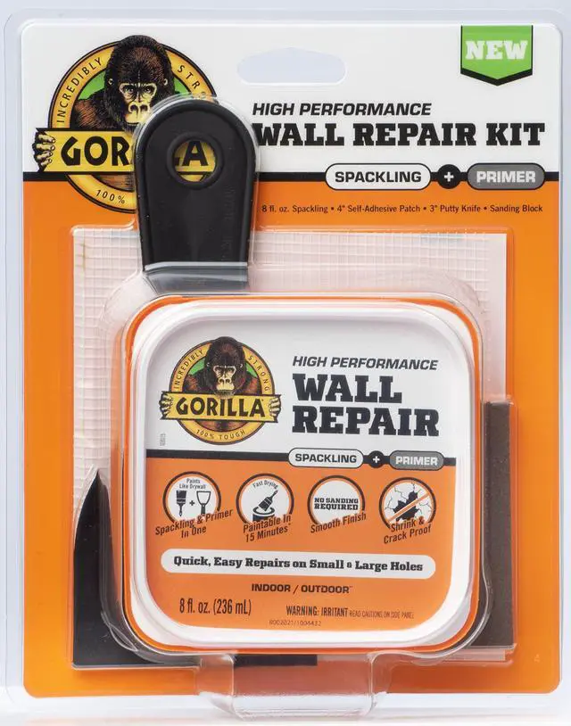 Main image of Wall Repair Kit, Heavy Duty Spackling, 8 fl oz Tub, 4 in Patch | Includes 3 in Putty Knife, Sanding Block, Lightweight Drywall Filler, Strong Repairs for Walls and Ceilings