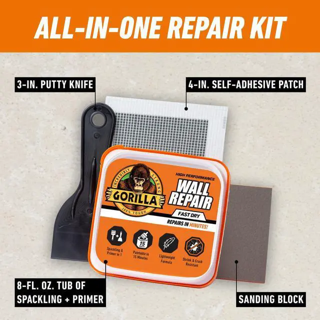 Alt view image 2 of 7 - Wall Repair Kit, Heavy Duty Spackling, 8 fl oz Tub, 4 in Patch | Includes 3 in Putty Knife, Sanding Block, Lightweight Drywall Filler, Strong Repairs for Walls and Ceilings