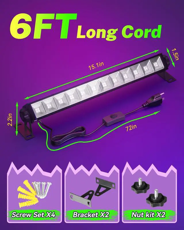 Alt view image 6 of 7 - 2 Pack 42W LED Black Light Bar, Glow Party Supplies, Halloween Blacklight | 6FT Cord+Switch+Plug, for Neon Parties, Fluorescent Poster Tapestry, Body Paint, Classroom, Bedroom, for Cabinet
