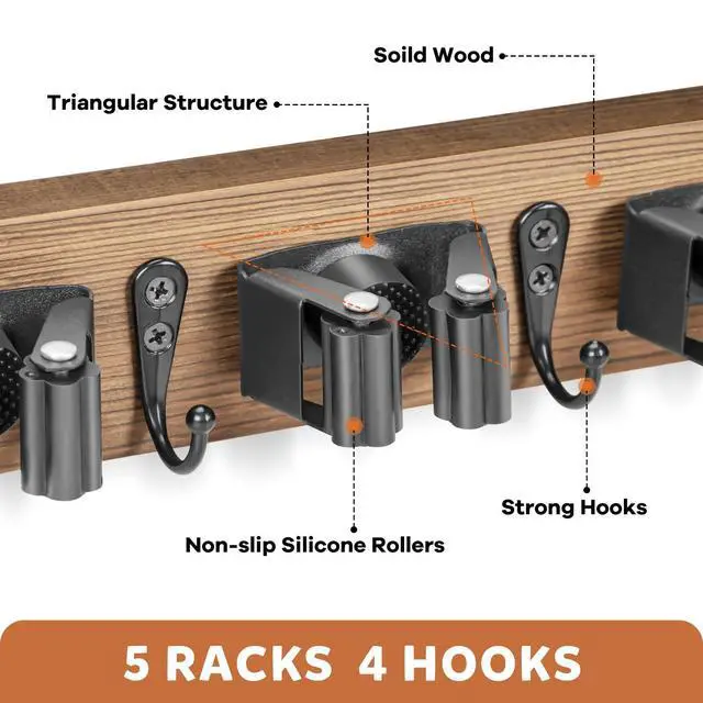 Alt view image 2 of 7 - Broom Holder Wall Mount, Rustic Broom Hanger for Laundry Room | Wood Broom and Mop Organization and Storage, Mop Holder for Home Decor, Garden, Garage, Closet, 5 Racks and 4 Hooks, Brown