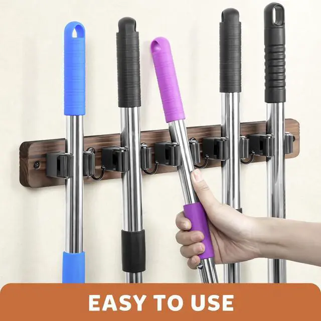 Alt view image 3 of 7 - Broom Holder Wall Mount, Rustic Broom Hanger for Laundry Room | Wood Broom and Mop Organization and Storage, Mop Holder for Home Decor, Garden, Garage, Closet, 5 Racks and 4 Hooks, Brown
