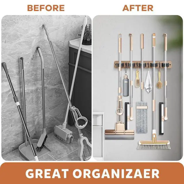 Alt view image 4 of 7 - Broom Holder Wall Mount, Rustic Broom Hanger for Laundry Room | Wood Broom and Mop Organization and Storage, Mop Holder for Home Decor, Garden, Garage, Closet, 5 Racks and 4 Hooks, Brown