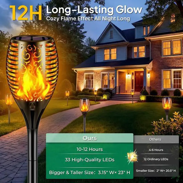 Alt view image 3 of 7 - Solar Lights Outdoor Flickering Flame Solar Torch Lights, 6 Pack | Realistic Flame Effect, Charges in 6-8 Hours, 10-12-Hour Runtime, IP65 Waterproof, Auto On/Off for Yard, Patio and Garden