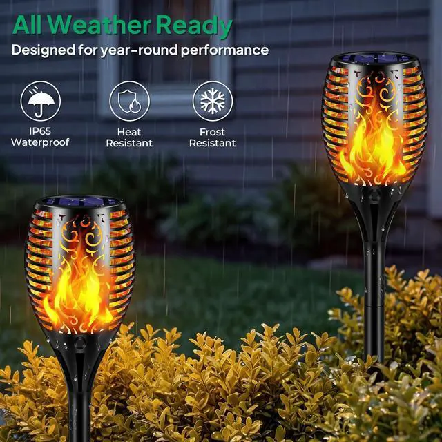 Alt view image 4 of 7 - Solar Lights Outdoor Flickering Flame Solar Torch Lights, 6 Pack | Realistic Flame Effect, Charges in 6-8 Hours, 10-12-Hour Runtime, IP65 Waterproof, Auto On/Off for Yard, Patio and Garden