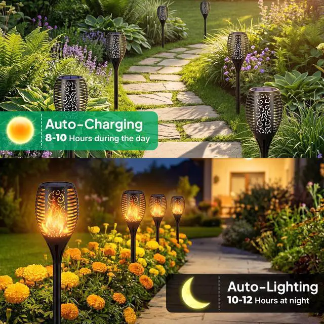 Alt view image 6 of 7 - Solar Lights Outdoor Flickering Flame Solar Torch Lights, 6 Pack | Realistic Flame Effect, Charges in 6-8 Hours, 10-12-Hour Runtime, IP65 Waterproof, Auto On/Off for Yard, Patio and Garden