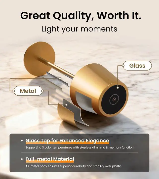 Alt view image 2 of 7 - 3 Pack Cordless Table Lamp, Portable Battery Operated Lamp with 3 Color Temps and Stepless Dimming, Rechargeable Table Lamp for Dinner, Desk, Cafe, Outdoor (Brushed Gold)