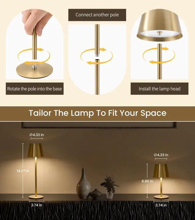 Alt view image 3 of 7 - 3 Pack Cordless Table Lamp, Portable Battery Operated Lamp with 3 Color Temps and Stepless Dimming, Rechargeable Table Lamp for Dinner, Desk, Cafe, Outdoor (Brushed Gold)