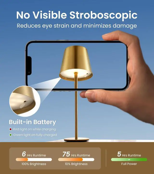 Alt view image 4 of 7 - 3 Pack Cordless Table Lamp, Portable Battery Operated Lamp with 3 Color Temps and Stepless Dimming, Rechargeable Table Lamp for Dinner, Desk, Cafe, Outdoor (Brushed Gold)