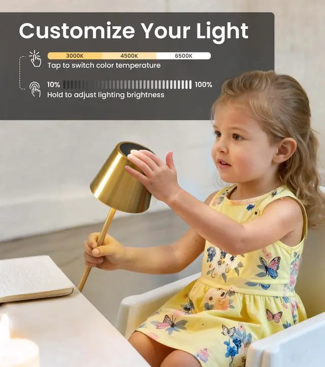 Alt view image 5 of 7 - 3 Pack Cordless Table Lamp, Portable Battery Operated Lamp with 3 Color Temps and Stepless Dimming, Rechargeable Table Lamp for Dinner, Desk, Cafe, Outdoor (Brushed Gold)