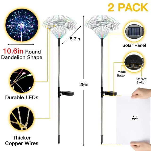 Alt view image 3 of 7 - Solar Garden Lights Outdoor 2Pack 150LED Firework Lights Multicolor | Decorative Lights Thicker Copper Wires, 8 Lighting Modes for Yard Pathway Flowerbed Planter Balcony Patio Decor Waterproof