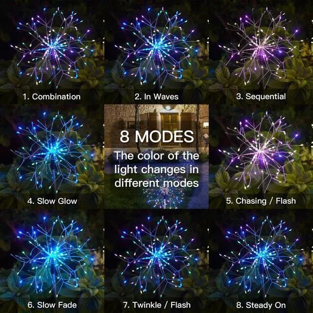 Alt view image 4 of 7 - Solar Garden Lights Outdoor 2Pack 150LED Firework Lights Multicolor | Decorative Lights Thicker Copper Wires, 8 Lighting Modes for Yard Pathway Flowerbed Planter Balcony Patio Decor Waterproof