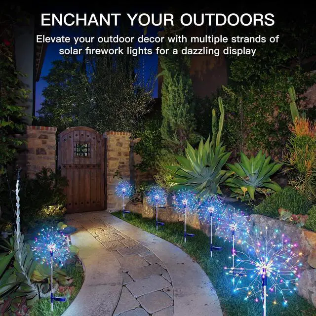 Alt view image 6 of 7 - Solar Garden Lights Outdoor 2Pack 150LED Firework Lights Multicolor | Decorative Lights Thicker Copper Wires, 8 Lighting Modes for Yard Pathway Flowerbed Planter Balcony Patio Decor Waterproof