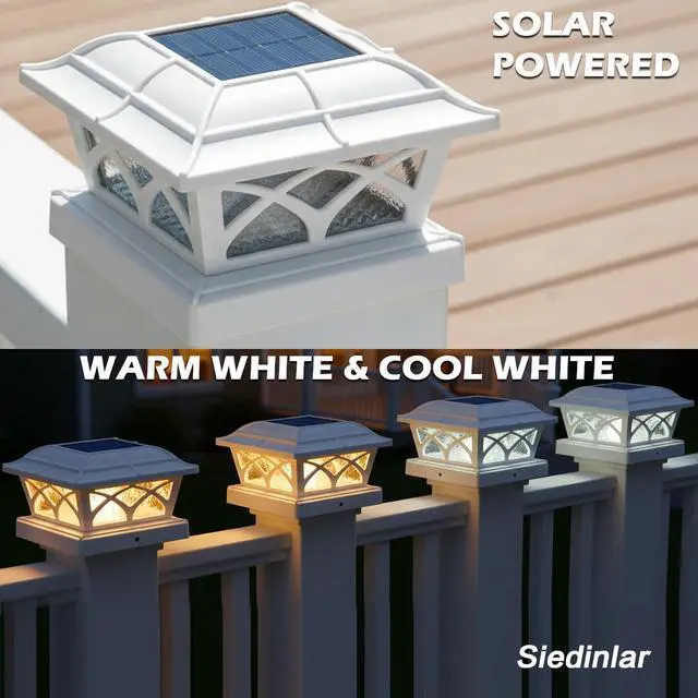 Alt view image 2 of 6 - Solar Post Cap Lights Outdoor Glass 2 Color Modes 8 LEDs for 4x4 5x5 6x6 Posts Fence Deck Patio Decoration Warm White & Cool White Lighting White (4 Pack)