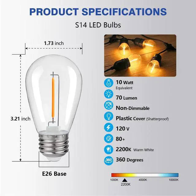 Alt view image 2 of 7 - S14 Replacement LED Light Bulbs, 1W S14 LED Bulbs, Outdoor String Lights | Shatterproof & Waterproof S14 LED Bulbs, E26 Base Patio LED Light Bulbs, Warm White 2200K Plastic 70LM Non-Dimmable 48 Pack