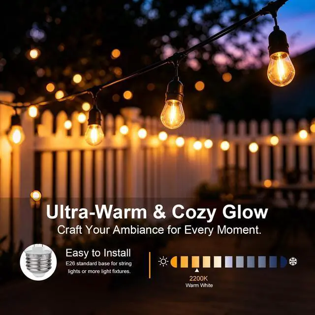 Alt view image 4 of 7 - S14 Replacement LED Light Bulbs, 1W S14 LED Bulbs, Outdoor String Lights | Shatterproof & Waterproof S14 LED Bulbs, E26 Base Patio LED Light Bulbs, Warm White 2200K Plastic 70LM Non-Dimmable 48 Pack