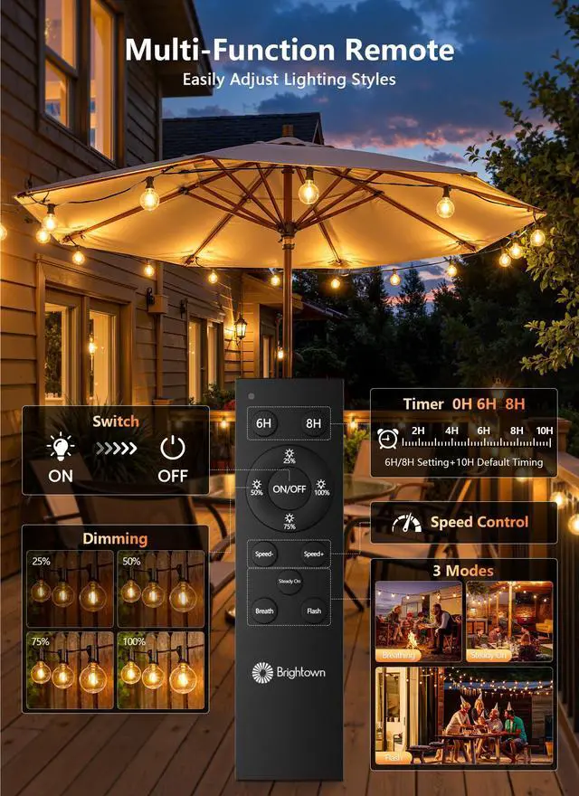Alt view image 4 of 7 - 100Ft Outdoor String Lights with Remote, Dimmable G40 LED Bulbs, Waterproof | Shatterproof Connectable Hanging Patio Lights for Porch, Backyard, Bistro, Deck, Balcony, Home, Garden Decor