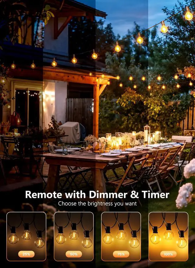 Alt view image 5 of 7 - 100Ft Outdoor String Lights with Remote, Dimmable G40 LED Bulbs, Waterproof | Shatterproof Connectable Hanging Patio Lights for Porch, Backyard, Bistro, Deck, Balcony, Home, Garden Decor
