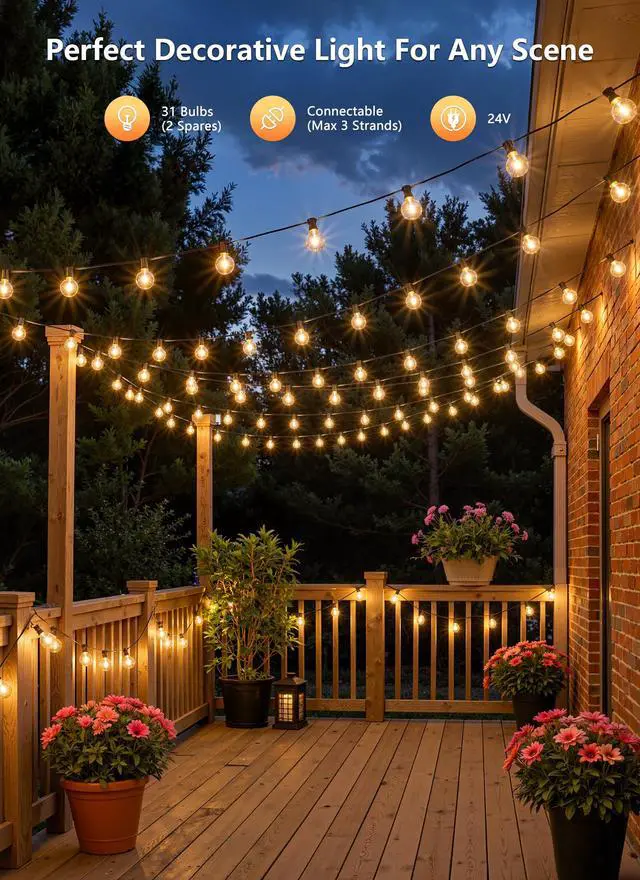 Alt view image 7 of 7 - 100Ft Outdoor String Lights with Remote, Dimmable G40 LED Bulbs, Waterproof | Shatterproof Connectable Hanging Patio Lights for Porch, Backyard, Bistro, Deck, Balcony, Home, Garden Decor