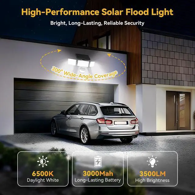 Alt view image 3 of 7 - Solar Lights Outdoor, 3500LM 168 LED Motion Sensor Solar Flood Lights, 3 Heads 300° Wide Angle, 3 Modes IP65 Waterproof Solar Security Lights for Yard Garden Patio, 2 Pack (Black)