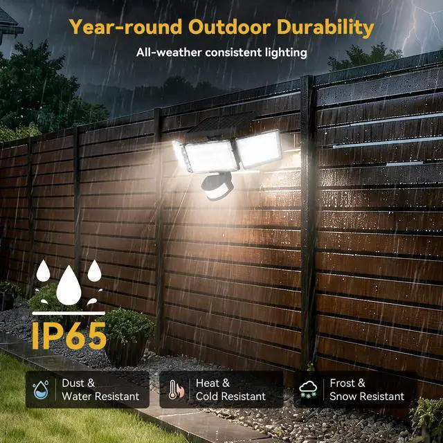 Alt view image 7 of 7 - Solar Lights Outdoor, 3500LM 168 LED Motion Sensor Solar Flood Lights, 3 Heads 300° Wide Angle, 3 Modes IP65 Waterproof Solar Security Lights for Yard Garden Patio, 2 Pack (Black)
