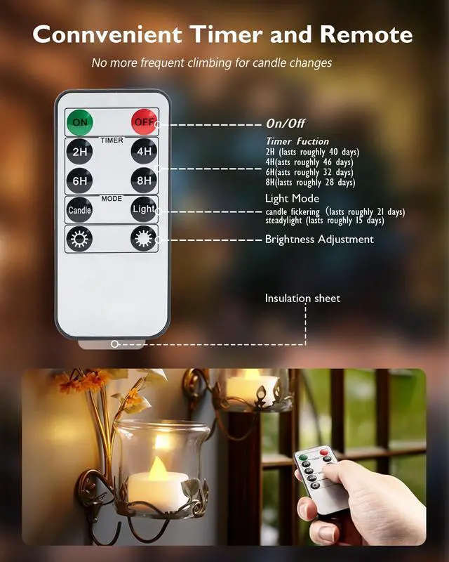 Alt view image 4 of 7 - 12-Pack Remote Flameless LED Battery Tea Light Candles, 400+Hrs | 2/4/6/8H Timer Flickering Tealight Votives for Halloween Pumpkins, Christmas Decor, Weddings and Home Ambiance