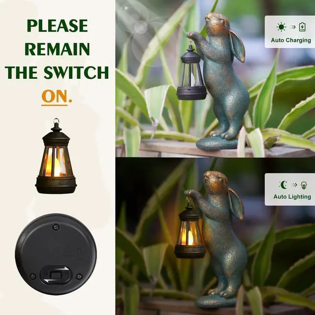 Alt view image 2 of 7 - Garden Statues Rabbit with Solar Lantern Resin Outdoor Bunny Figurines Decorations for Patio Yard Lawn Ornaments Gifts for Mother's Day Birthday Housewarming