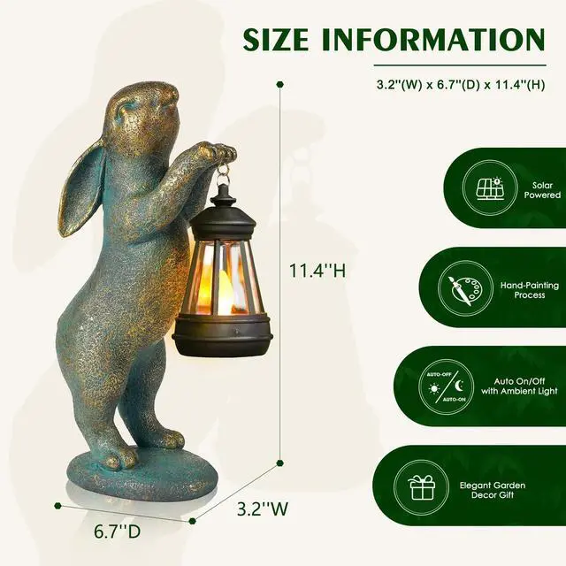 Alt view image 4 of 7 - Garden Statues Rabbit with Solar Lantern Resin Outdoor Bunny Figurines Decorations for Patio Yard Lawn Ornaments Gifts for Mother's Day Birthday Housewarming