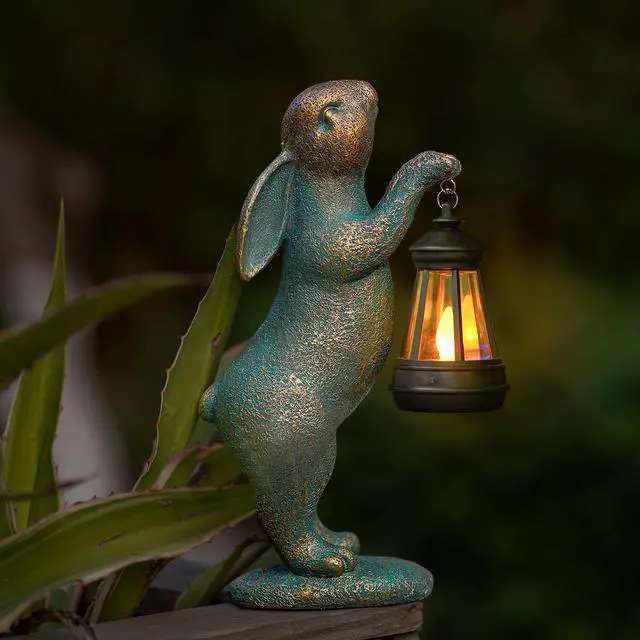 Alt view image 6 of 7 - Garden Statues Rabbit with Solar Lantern Resin Outdoor Bunny Figurines Decorations for Patio Yard Lawn Ornaments Gifts for Mother's Day Birthday Housewarming