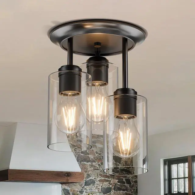 Main image of 3-Lights Semi Flush Mount Ceiling Light Fixture Black for Kitchen | Foyer/Entryway/Dining-Room/Hallway Farmhouse Industrial Home Decor Clear Glass Shade Hardwired E26 ETL-Listed 120V 60W Max