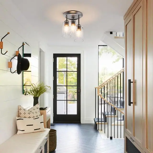 Alt view image 3 of 6 - 3-Lights Semi Flush Mount Ceiling Light Fixture Black for Kitchen | Foyer/Entryway/Dining-Room/Hallway Farmhouse Industrial Home Decor Clear Glass Shade Hardwired E26 ETL-Listed 120V 60W Max