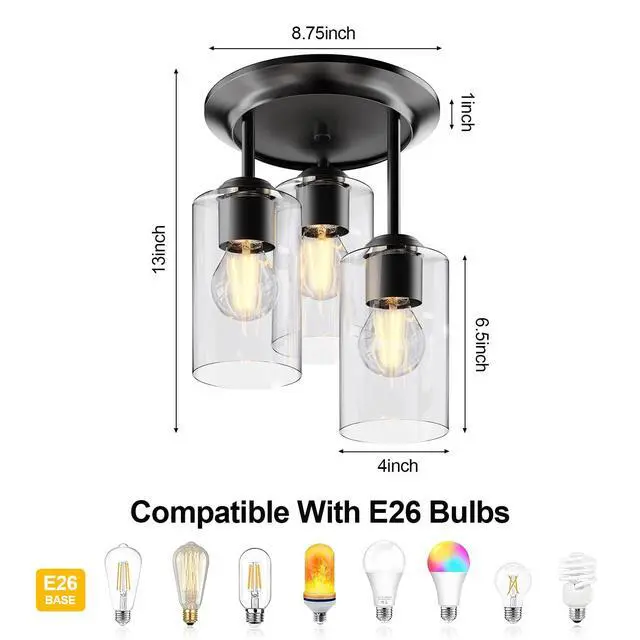 Alt view image 6 of 6 - 3-Lights Semi Flush Mount Ceiling Light Fixture Black for Kitchen | Foyer/Entryway/Dining-Room/Hallway Farmhouse Industrial Home Decor Clear Glass Shade Hardwired E26 ETL-Listed 120V 60W Max