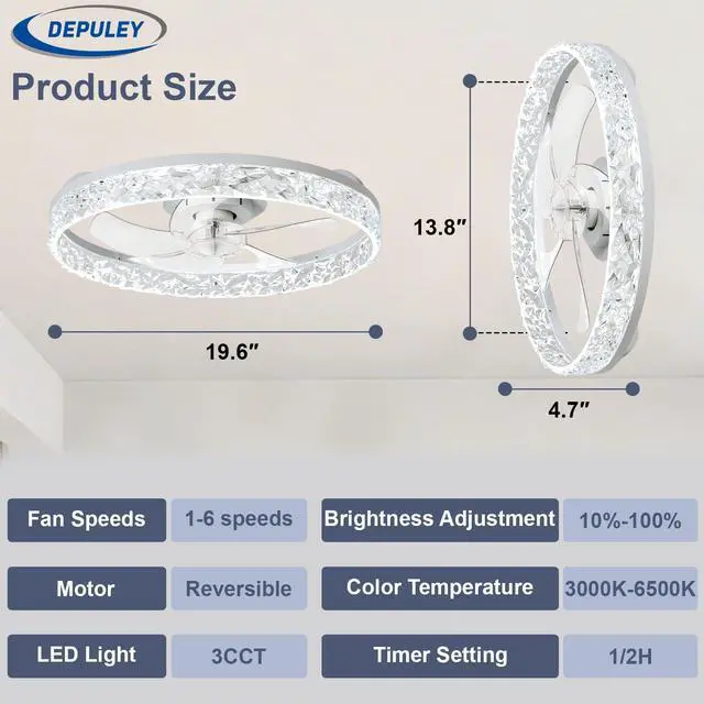 Alt view image 4 of 7 - Ceiling Fans with Lights and Remote: Full Package 20" Modern Low Profile Flush Mount LED Ceiling Fan for Bedroom App Control - White Crystal Bladeless Fandelier for Laundry Room Kitchen
