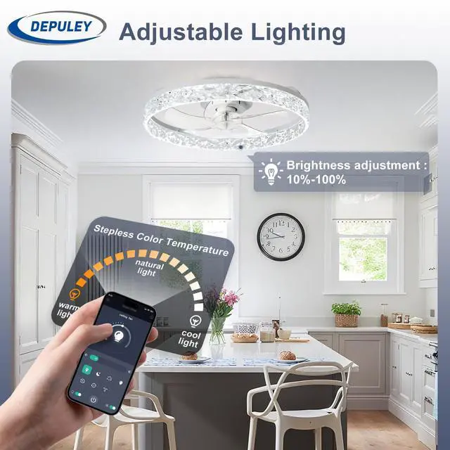 Alt view image 5 of 7 - Ceiling Fans with Lights and Remote: Full Package 20" Modern Low Profile Flush Mount LED Ceiling Fan for Bedroom App Control - White Crystal Bladeless Fandelier for Laundry Room Kitchen